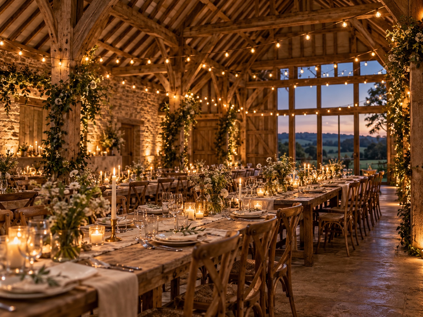 A rustic English wedding barn with festoon lights and long wooden tables in the evening
