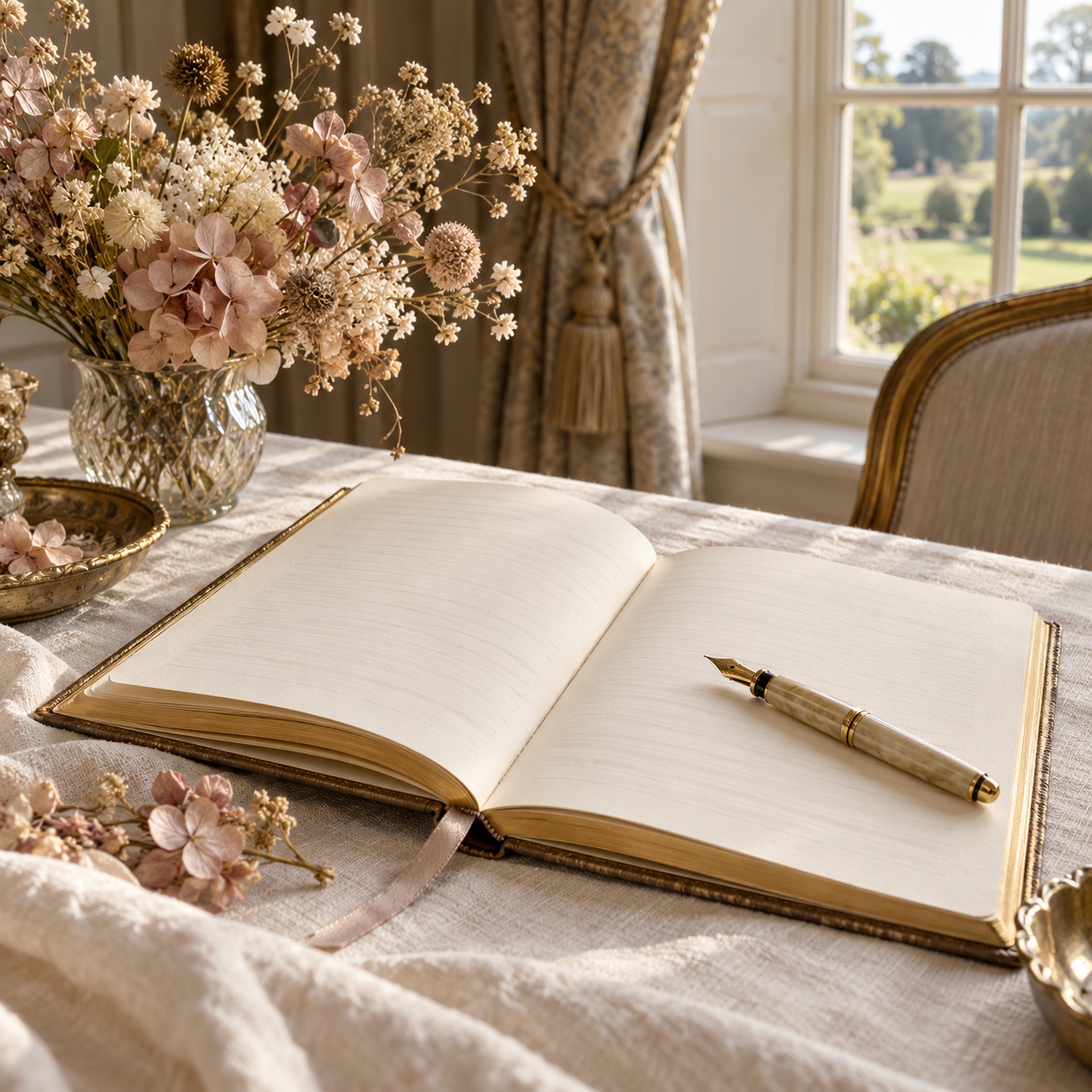An open venue diary, a fountain pen and dried flowers on linen in soft daylight