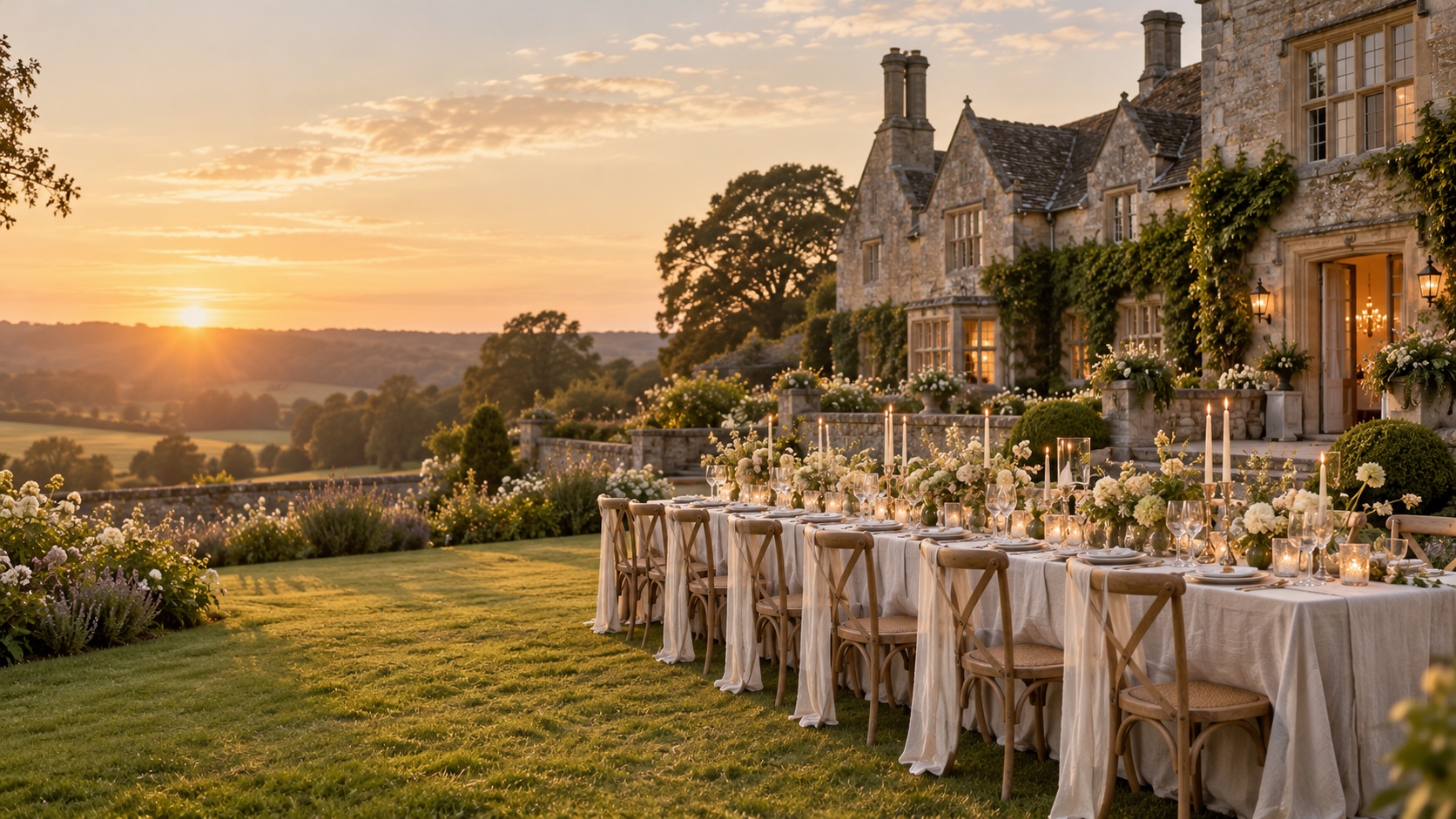 An English country house at golden hour, with a long wedding breakfast table set on the lawn