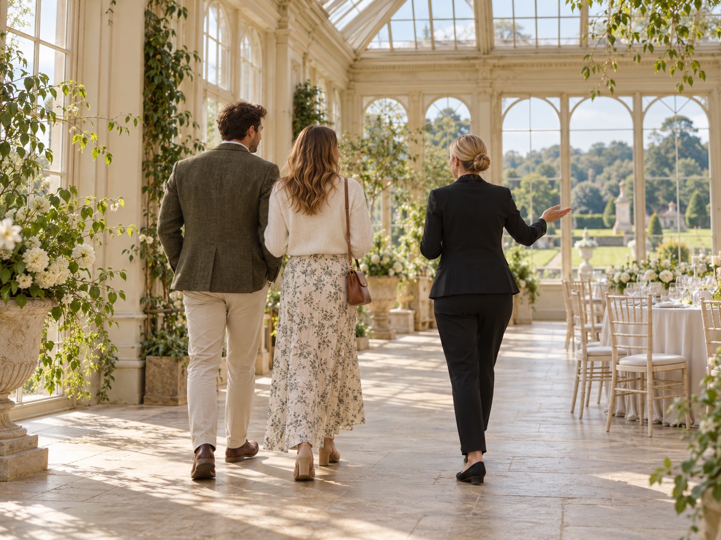 A couple walking through a country house orangery with a venue coordinator, seen from behind
